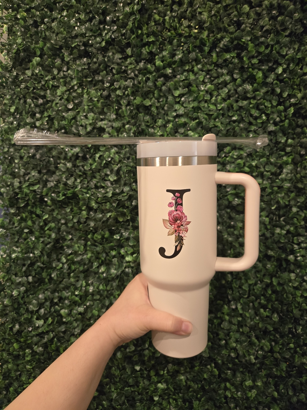 Initial J Floral Monogram Travel Mug - Blush Pink - Picture 5 of 9